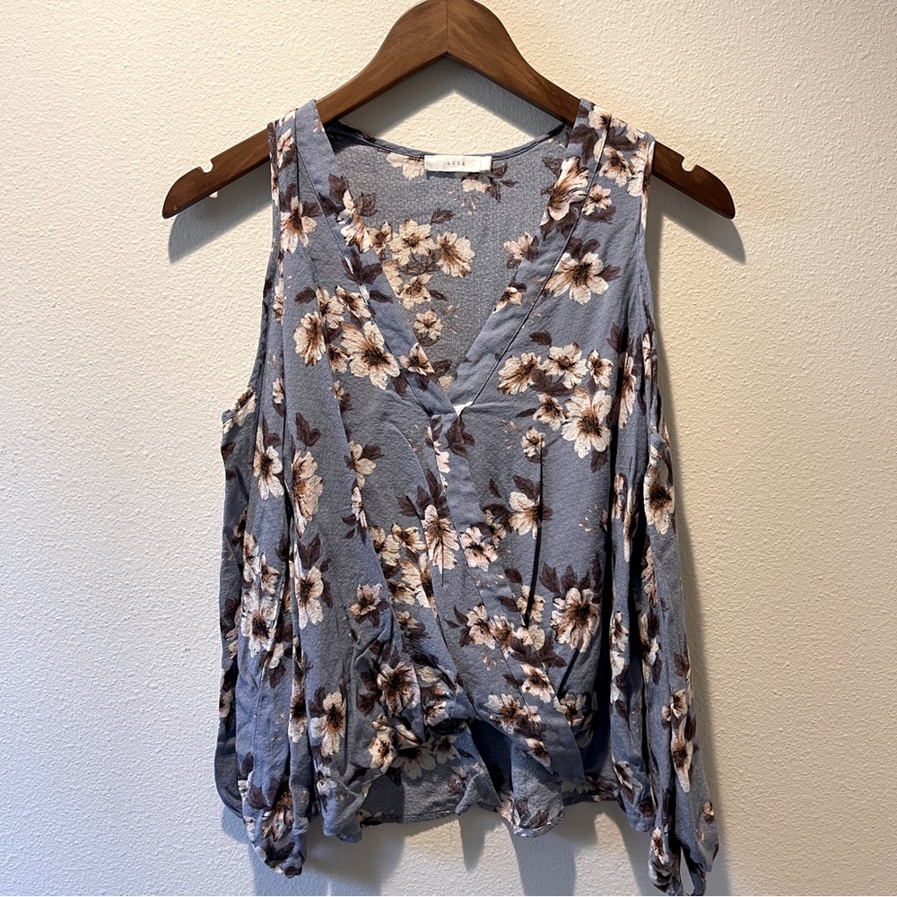 Lush blue floral spring cold shoulder blouse